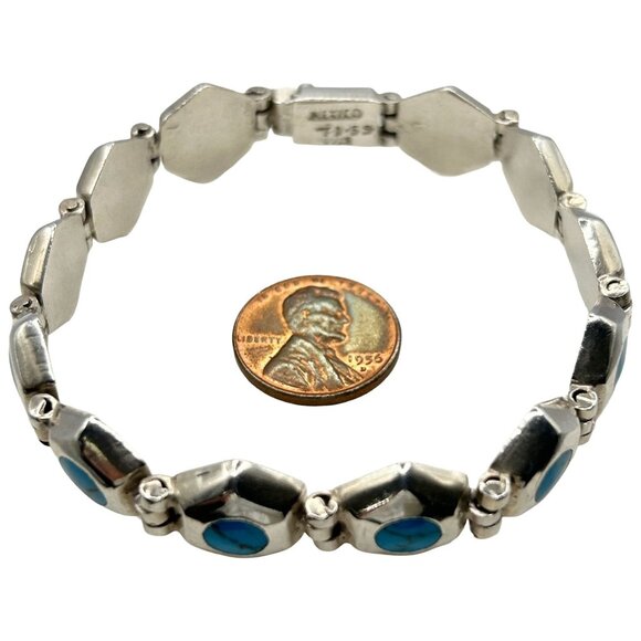 Taxco Mexico 925 Sterling Silver and Turquoise 4.2mm Hexagon Link Bracelet - 8" - Picture 2 of 5
